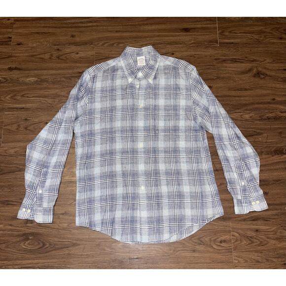 Brooks Brothers Shirt Mens Large Blue White Plaid Regent Irish Linen Long Sleeve - Picture 1 of 5
